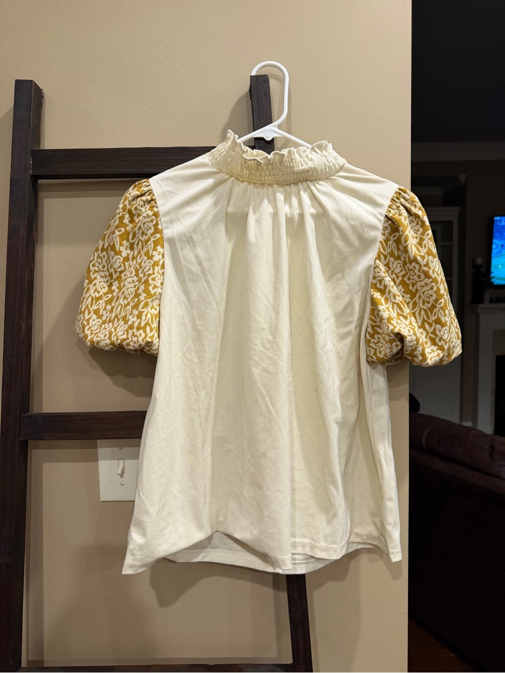Smocked-Neck Cream Blouse with Mustard Floral Puff Sleeves